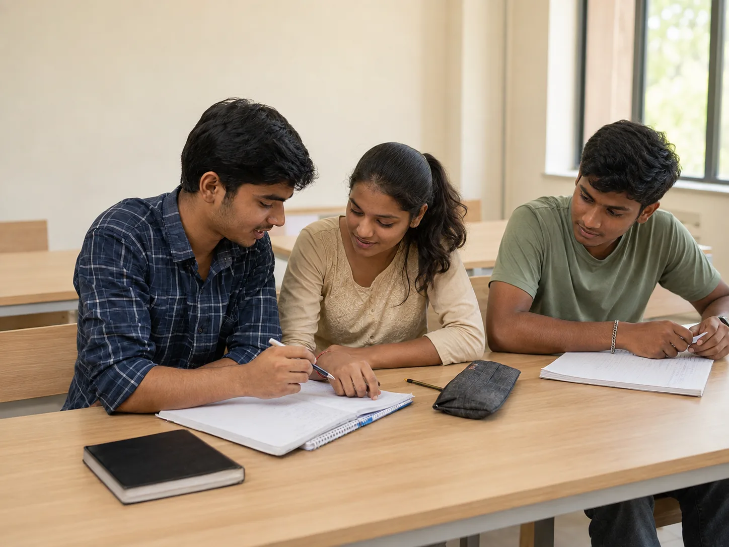 Illustrative classroom scene of students discussing their notes