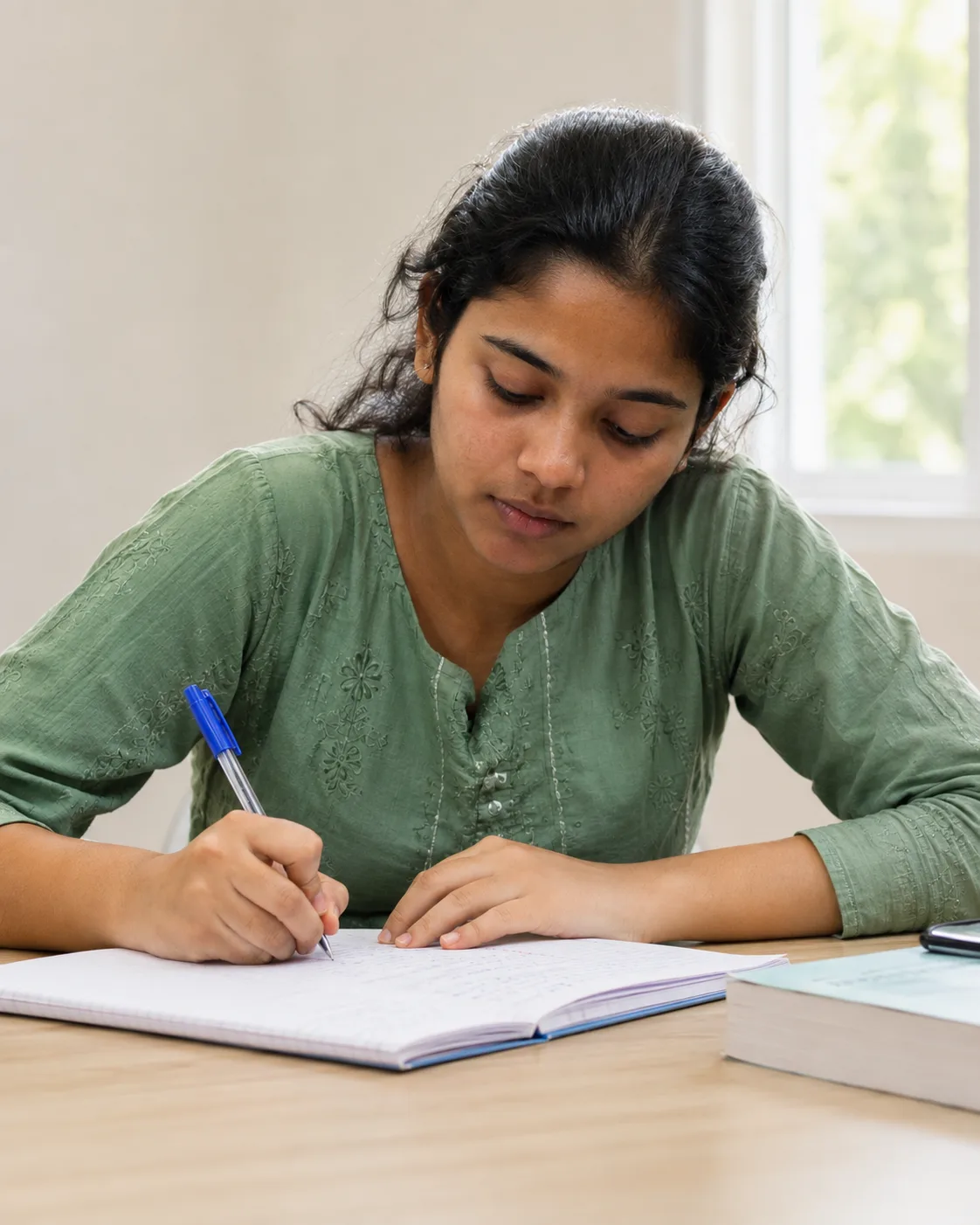 Illustrative image of a student concentrating on her notebook during self-study